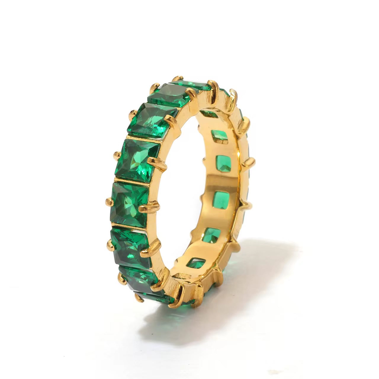 Anillo Square Green Zirconia- Acero Inoxidable con baño en oro 18k